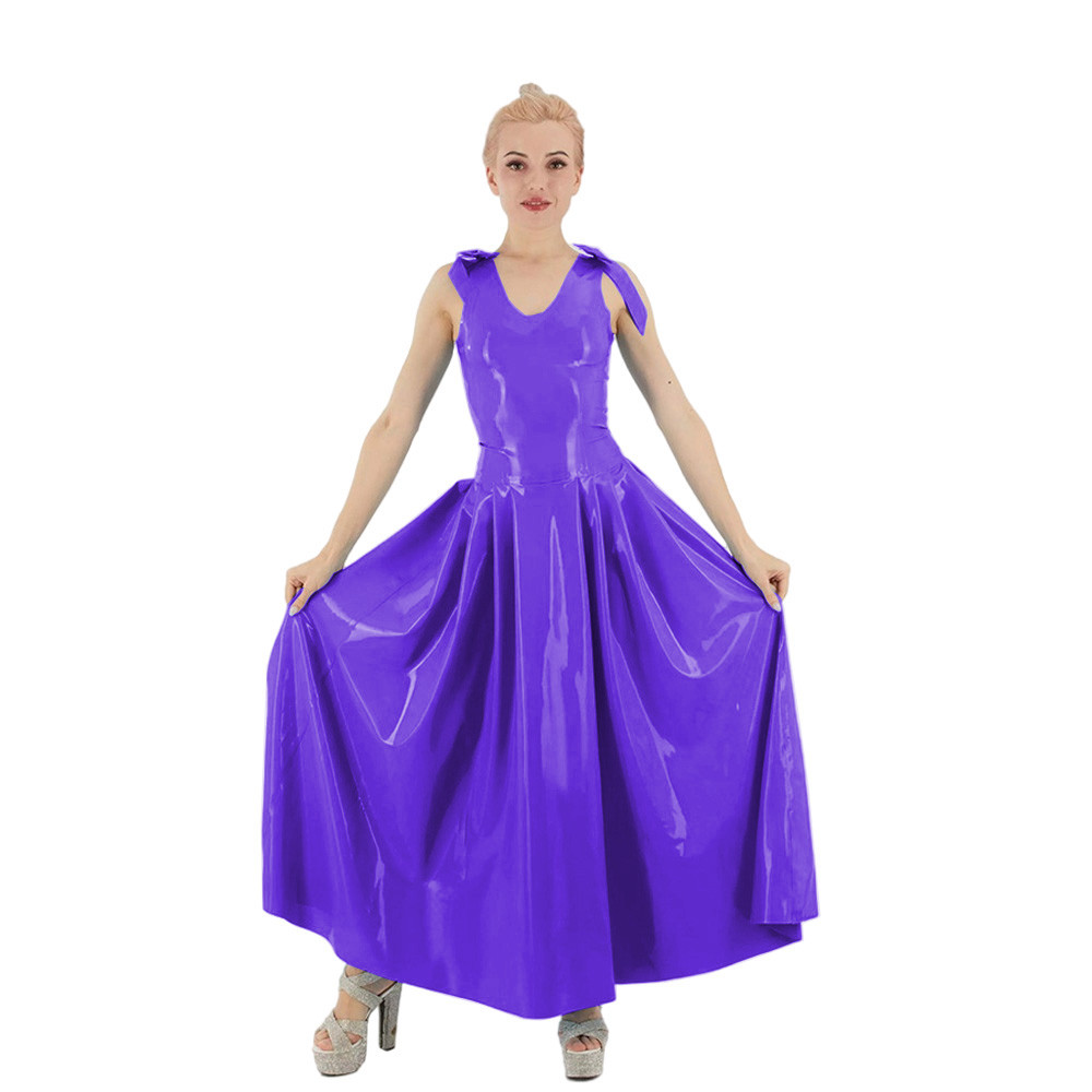 Elegant Faux Leather Tank Pleated Maxi Dress Sexy PVC Long Ball Gown A-Line  Dresses Faux