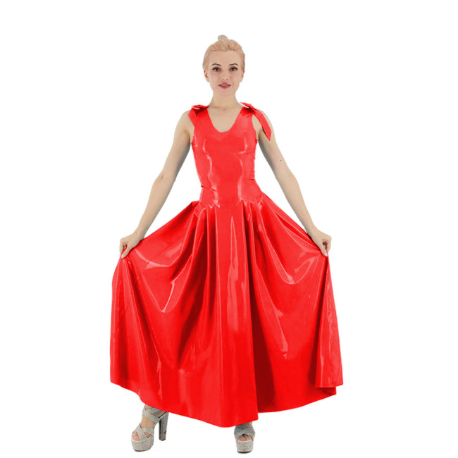 Elegant Faux Leather Tank Pleated Maxi Dress Sexy PVC Long Ball Gown A-Line Dresses Faux Latex Pendulous Dress Party Club Dress