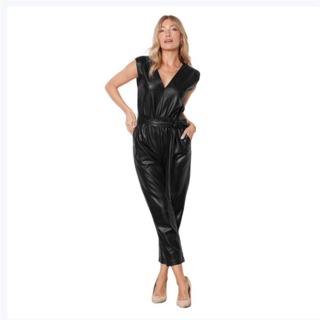 Summer Casual Sleeveless V-neck PU Leather Jumpsuits Fashion Street Elegant with Belt Big Size Rompers Office Laides Jumpsuit