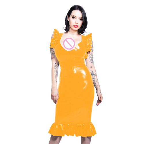 Fashion Sweetheart Neck Faux Latex Mermaid Dress Women Sexy Shiny PVC Leather Ruffles Sleeve Bodycon Knee Length Dress Clubwear