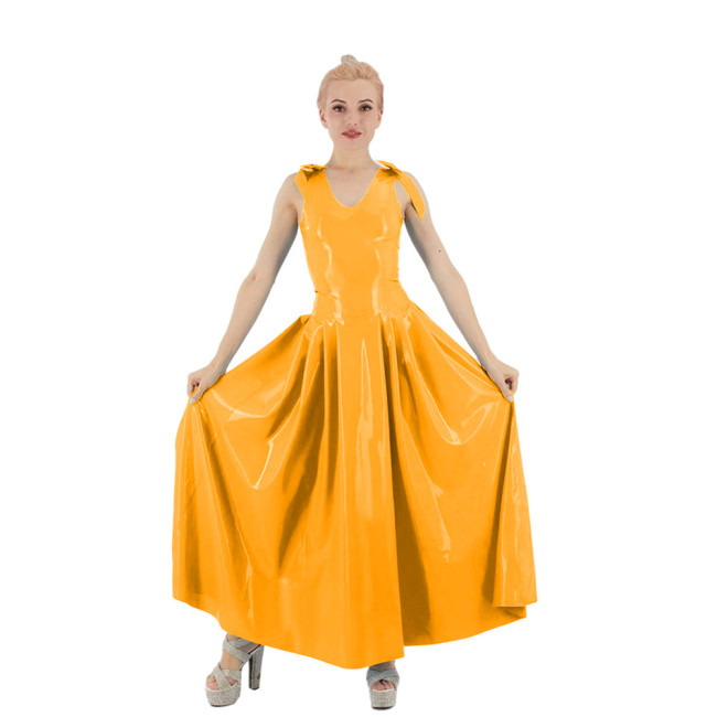 Elegant Faux Leather Tank Pleated Maxi Dress Sexy PVC Long Ball Gown A-Line Dresses Faux Latex Pendulous Dress Party Club Dress