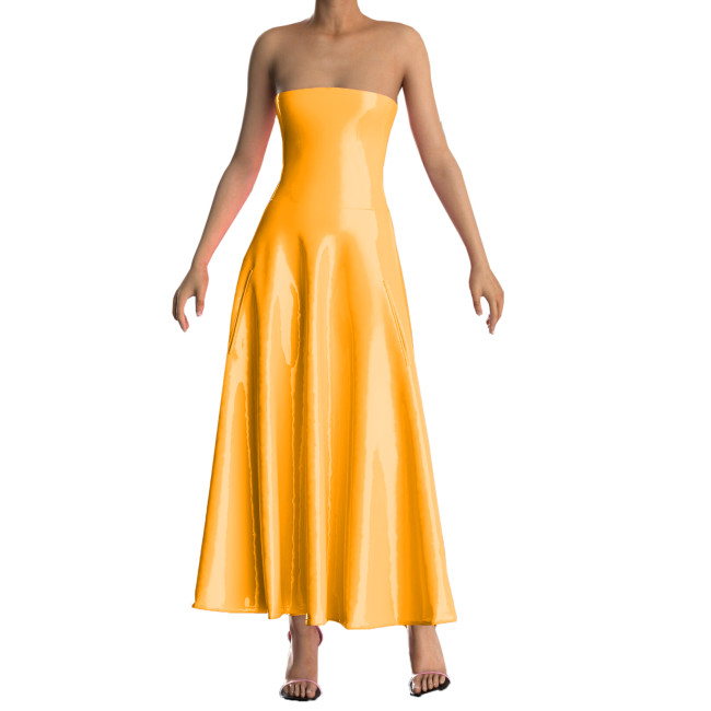 Club Party Summer Women Strapless PVC Leather Sleeveless Chest Wrapping A-Line Maxi Dresses Ankle-Length Long Dress Vintage 7XL