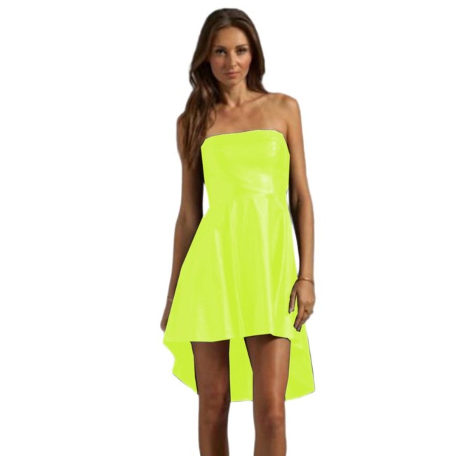 Sexy Women Sun Fit & Flare Dress Strapless PU Leather Sleeveless Tube Top Mini Dress Summer Party Backless Dress Vintage Slim