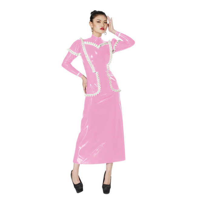 Fashion Shiny PVC Leather Dress Sets Elegant with Frills Faux Latex Puffed Sleeve Top High Waist Ankle Length Pencil Skirt Suits