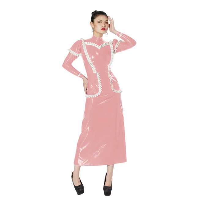 Fashion Shiny PVC Leather Dress Sets Elegant with Frills Faux Latex Puffed Sleeve Top High Waist Ankle Length Pencil Skirt Suits