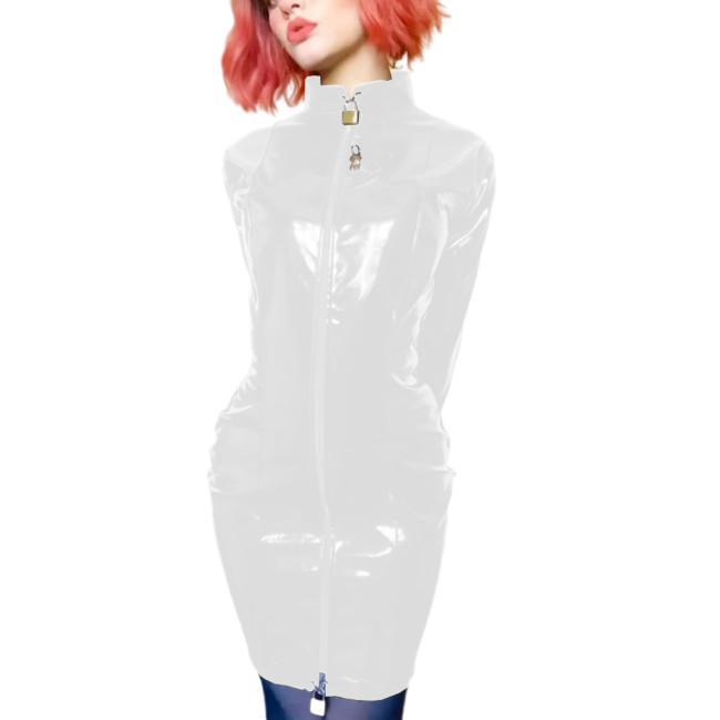 Sissy PVC Leather Erotic Mini Pencil Dress Lockable Wetlook Turtleneck Long Sleeve Faux Latex Dress Sexy Slave Dress Clubwear