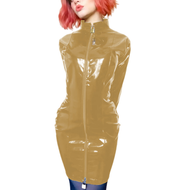 Sissy PVC Leather Erotic Mini Pencil Dress Lockable Wetlook Turtleneck Long Sleeve Faux Latex Dress Sexy Slave Dress Clubwear