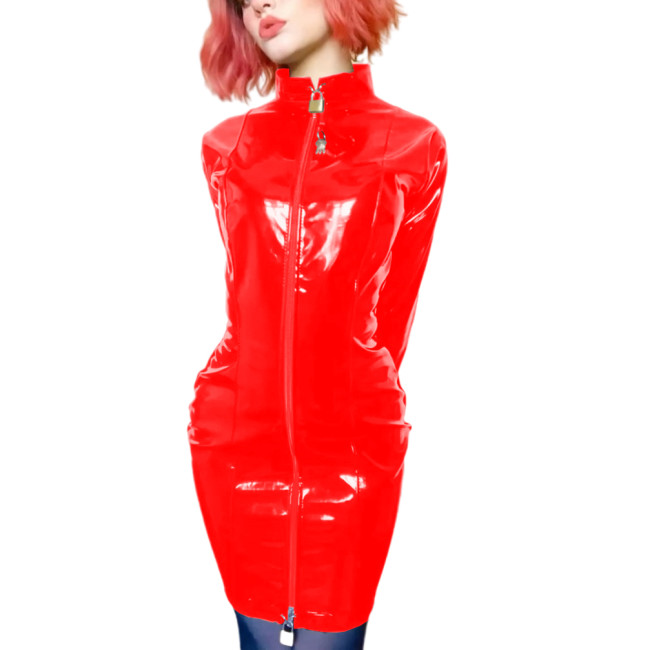 Sissy PVC Leather Erotic Mini Pencil Dress Lockable Wetlook Turtleneck Long Sleeve Faux Latex Dress Sexy Slave Dress Clubwear