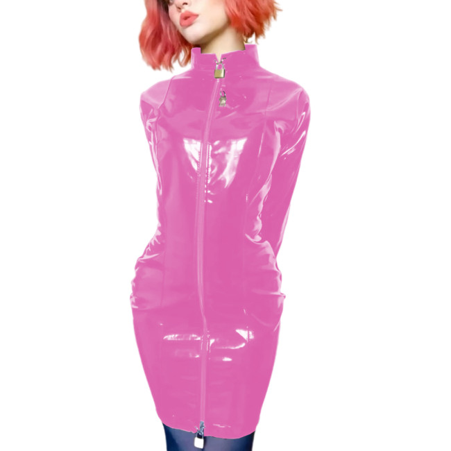 Sissy PVC Leather Erotic Mini Pencil Dress Lockable Wetlook Turtleneck Long Sleeve Faux Latex Dress Sexy Slave Dress Clubwear