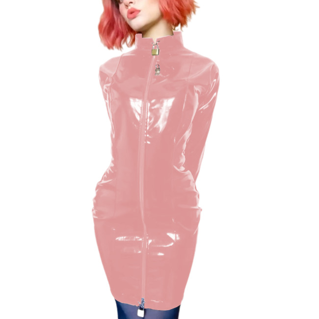 Sissy PVC Leather Erotic Mini Pencil Dress Lockable Wetlook Turtleneck Long Sleeve Faux Latex Dress Sexy Slave Dress Clubwear