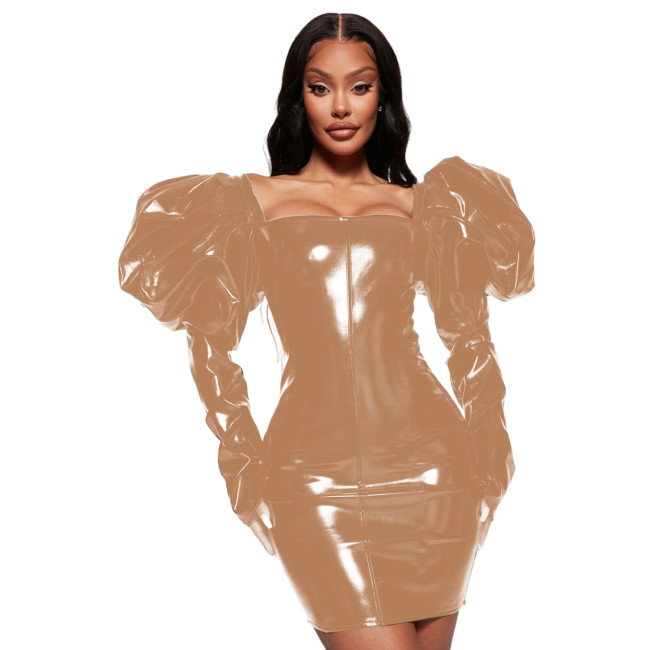 Fashion Women Supper Big Puff Long Sleeve Square Neck Bodycon Sheath Pencil Mini Dress Club Formal Cocktail Party Wedding S-7XL