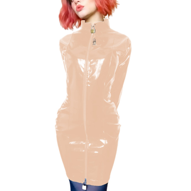 Sissy PVC Leather Erotic Mini Pencil Dress Lockable Wetlook Turtleneck Long Sleeve Faux Latex Dress Sexy Slave Dress Clubwear