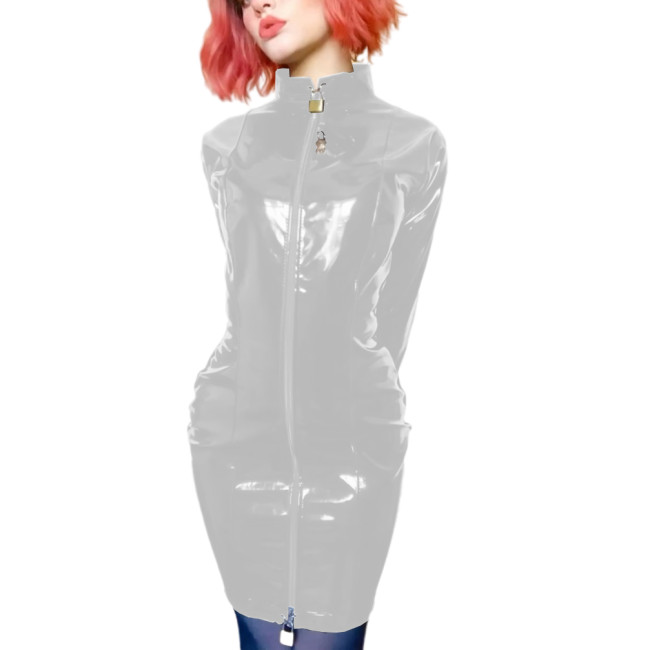 Sissy PVC Leather Erotic Mini Pencil Dress Lockable Wetlook Turtleneck Long Sleeve Faux Latex Dress Sexy Slave Dress Clubwear