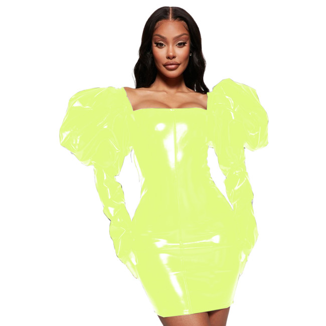 Fashion Women Supper Big Puff Long Sleeve Square Neck Bodycon Sheath Pencil Mini Dress Club Formal Cocktail Party Wedding S-7XL