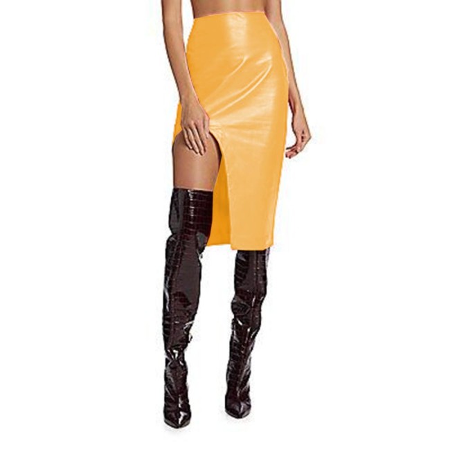 High Waist Patent Leather Slim Pencil Skirt Vent Slit Knee-length Sheath Skirt Cocktail Party Office Ladies Casual Sexy Work 7XL