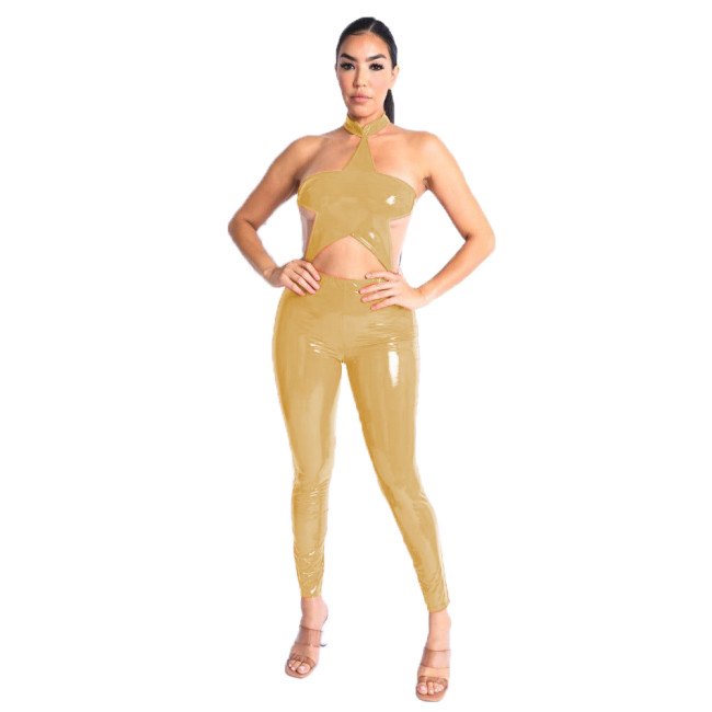One Piece Wetlook Leather PVC Sexy Halter Star Shape Sleeveless Backless Catsuit Club Ladies Pencil Pants Rompers Women Jumpsuit