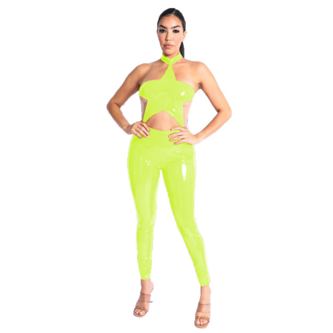 One Piece Wetlook Leather PVC Sexy Halter Star Shape Sleeveless Backless Catsuit Club Ladies Pencil Pants Rompers Women Jumpsuit