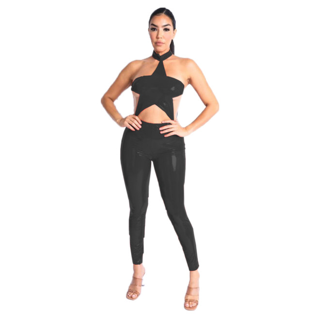 One Piece Wetlook Leather PVC Sexy Halter Star Shape Sleeveless Backless Catsuit Club Ladies Pencil Pants Rompers Women Jumpsuit