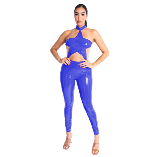 One Piece Wetlook Leather PVC Sexy Halter Star Shape Sleeveless Backless Catsuit Club Ladies Pencil Pants Rompers Women Jumpsuit