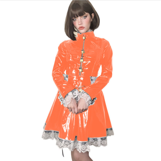 PVC Leather Cosplay Lolita Lace Maid Costumes Lockable Long Sleeve Pleated A-line Mini Maid Dress French Apron Servant Uniforms