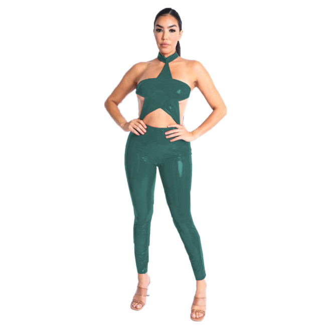 One Piece Wetlook Leather PVC Sexy Halter Star Shape Sleeveless Backless Catsuit Club Ladies Pencil Pants Rompers Women Jumpsuit