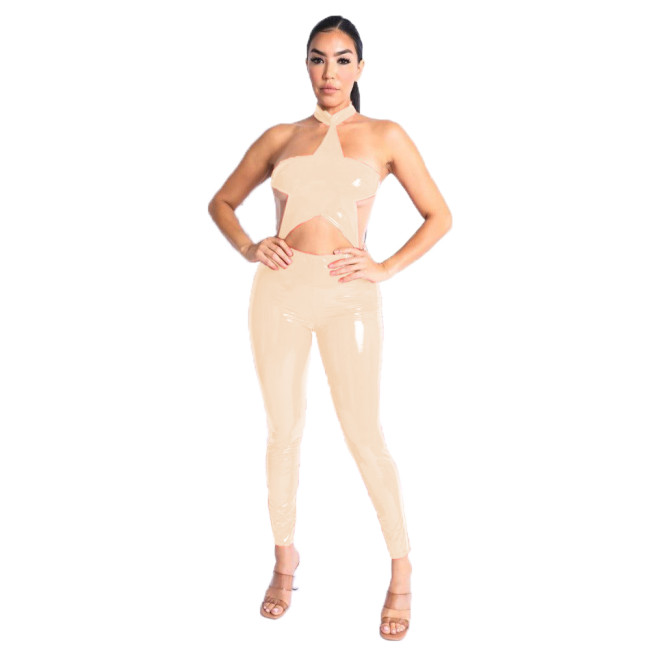 One Piece Wetlook Leather PVC Sexy Halter Star Shape Sleeveless Backless Catsuit Club Ladies Pencil Pants Rompers Women Jumpsuit