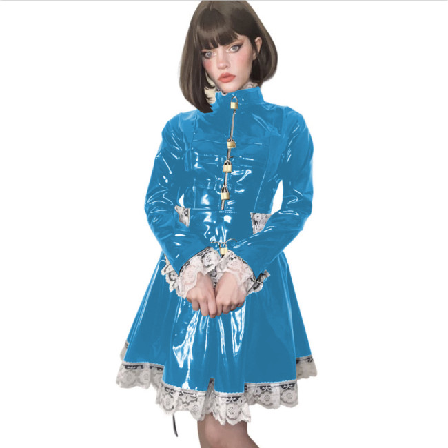 PVC Leather Cosplay Lolita Lace Maid Costumes Lockable Long Sleeve Pleated A-line Mini Maid Dress French Apron Servant Uniforms