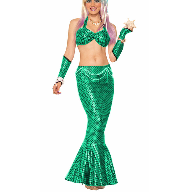 Women Bikini Skirt Sets Shiny Metallic Mermaid Costume With Gloves Sexy Lingerie Set Halter Neck Bra Top Ankle Length Skirt Suit