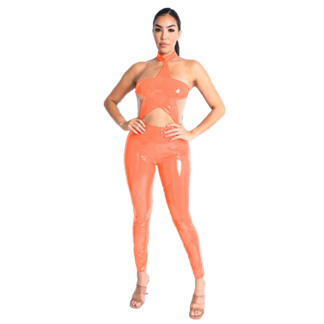 One Piece Wetlook Leather PVC Sexy Halter Star Shape Sleeveless Backless Catsuit Club Ladies Pencil Pants Rompers Women Jumpsuit