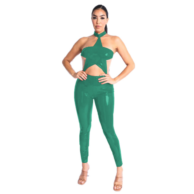 One Piece Wetlook Leather PVC Sexy Halter Star Shape Sleeveless Backless Catsuit Club Ladies Pencil Pants Rompers Women Jumpsuit