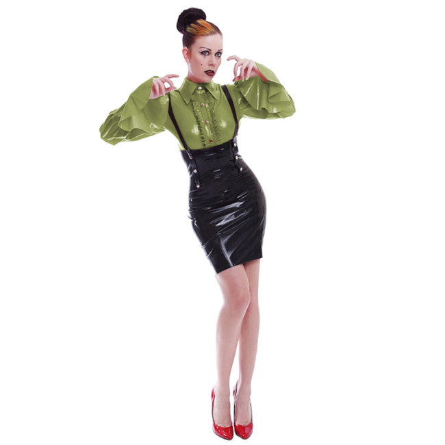 Punk Turn-down Collar Blouse for Women Long Flare Sleeve Buttons Shiny PVC Top Wet Look Glossy Leather Exotic Shirts Clubwear