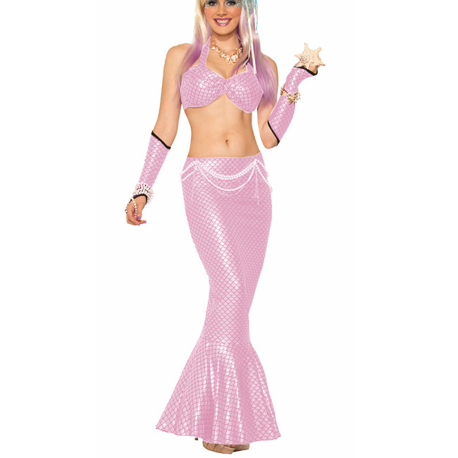 Women Bikini Skirt Sets Shiny Metallic Mermaid Costume With Gloves Sexy Lingerie Set Halter Neck Bra Top Ankle Length Skirt Suit