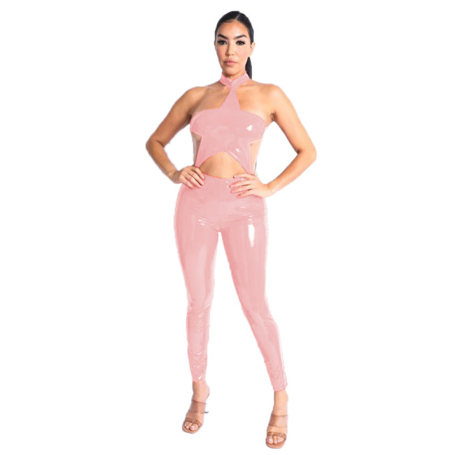 One Piece Wetlook Leather PVC Sexy Halter Star Shape Sleeveless Backless Catsuit Club Ladies Pencil Pants Rompers Women Jumpsuit
