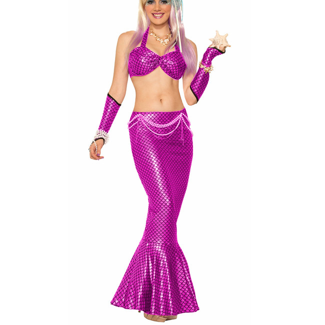 Women Bikini Skirt Sets Shiny Metallic Mermaid Costume With Gloves Sexy Lingerie Set Halter Neck Bra Top Ankle Length Skirt Suit