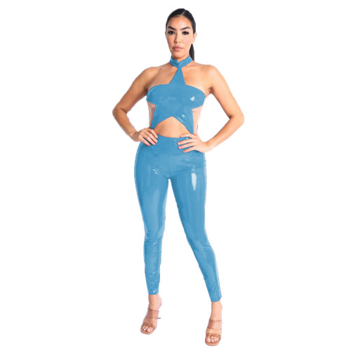 One Piece Wetlook Leather PVC Sexy Halter Star Shape Sleeveless Backless Catsuit Club Ladies Pencil Pants Rompers Women Jumpsuit