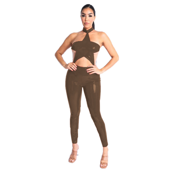 One Piece Wetlook Leather PVC Sexy Halter Star Shape Sleeveless Backless Catsuit Club Ladies Pencil Pants Rompers Women Jumpsuit