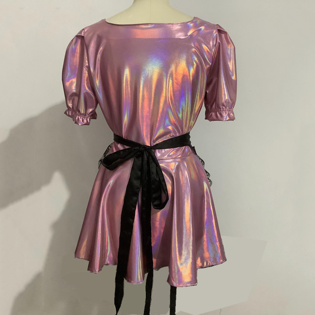 Sissy Metallic Puff Sleeve Laser Lolita Dress Sweet Classic Fancy Apron Mini Club Dress Female Halloween Cosplay Exotic Costume