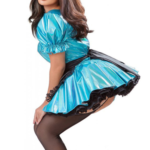 Sissy Metallic Puff Sleeve Laser Lolita Dress Sweet Classic Fancy Apron Mini Club Dress Female Halloween Cosplay Exotic Costume