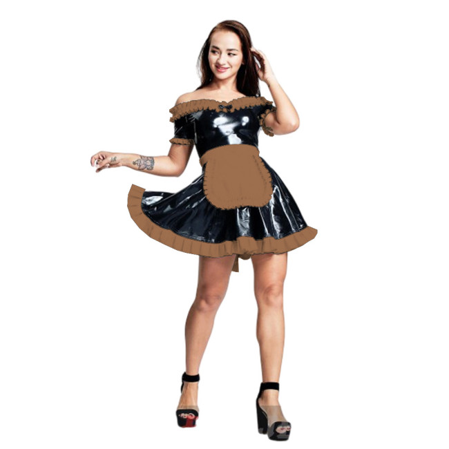 Sexy Exotic Cosplay Maid Costume Shiny PVC Leather One Shoulder Ruffles Maid Dress with Apron Bow French Maid Servant Uniforms