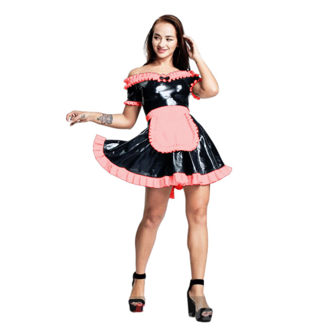 Sexy Exotic Cosplay Maid Costume Shiny PVC Leather One Shoulder Ruffles Maid Dress with Apron Bow French Maid Servant Uniforms