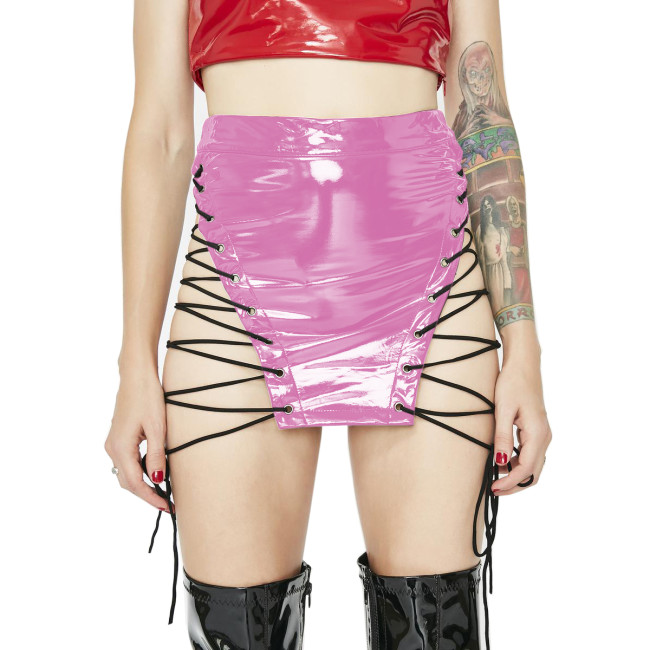 Erotic Lingerie Lace Up Mini Skirt Adjustable Drawstring PVC Leather Skirt Wrap Hips Wetlook Sexy Club Adult Female Fantasty 7XL