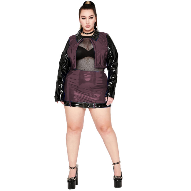 Wetlook PVC Leather Splicing Coat and Mini Skirt Sets Long Sleeve Coat High Waist Mini Skirt 2 Piece Sets Suit Adult Female 7XL