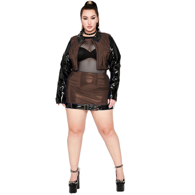 Wetlook PVC Leather Splicing Coat and Mini Skirt Sets Long Sleeve Coat High Waist Mini Skirt 2 Piece Sets Suit Adult Female 7XL