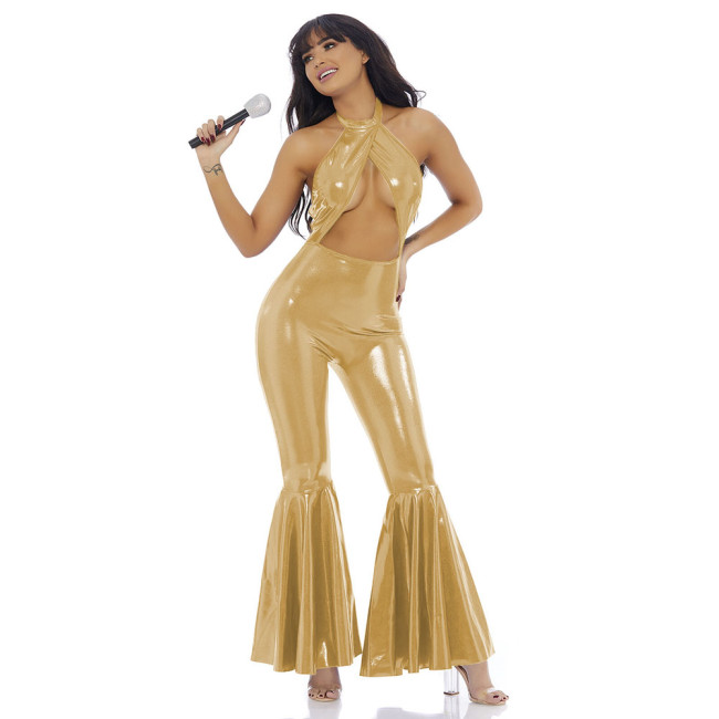 Nightclub Sexy Hollow Out Women Shiny Metallic Jumpsuit Vinly Leather Sleeveless Halter Catsuit Party Backless Flared Romper