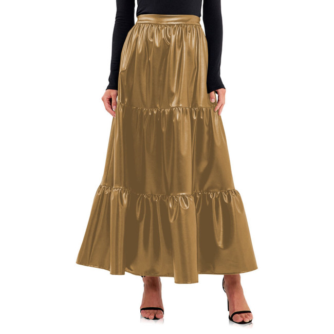 Fashion Street PU Leather Long Skirt Splices Three Layer Cake A-line Skirt Gothic High Waisted Elastic Loose Matte Leather Skirt