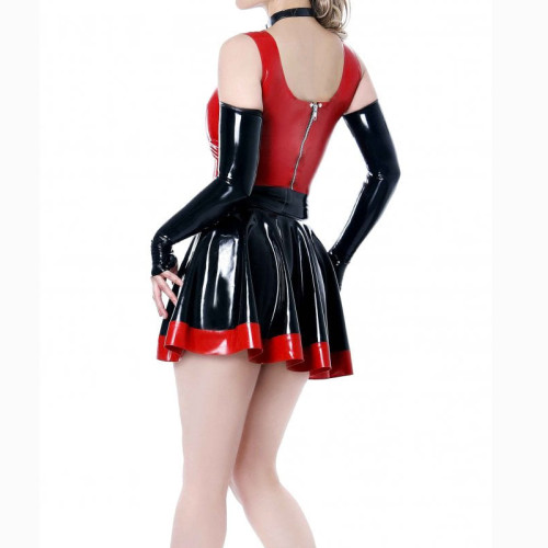 Ladies Sexy Club PU Mini Pleated Dress A-Line Gowns Clubwear Clothes Latex Faux Leather Rubber Fetish Dress With Gloves