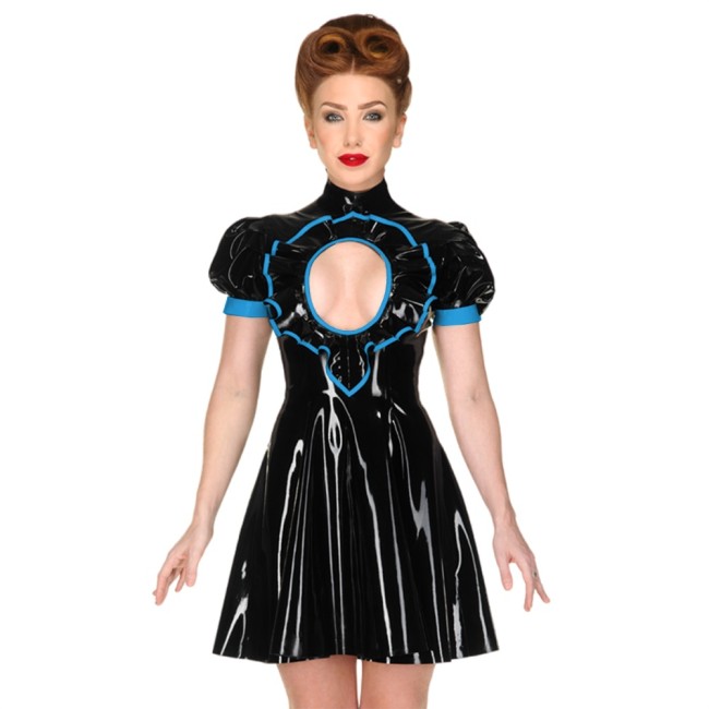 Sexy Exotic Frills Chest Open Shiny PVC Leather Dress High Neck Puff Short Sleeve Cutout A-line Dress Rave Dance Dress Clubwear