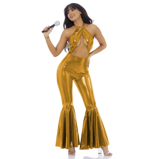 Nightclub Sexy Hollow Out Women Shiny Metallic Jumpsuit Vinly Leather Sleeveless Halter Catsuit Party Backless Flared Romper