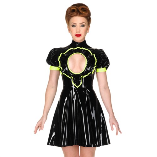 Sexy Exotic Frills Chest Open Shiny PVC Leather Dress High Neck Puff Short Sleeve Cutout A-line Dress Rave Dance Dress Clubwear