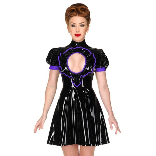 Sexy Exotic Frills Chest Open Shiny PVC Leather Dress High Neck Puff Short Sleeve Cutout A-line Dress Rave Dance Dress Clubwear